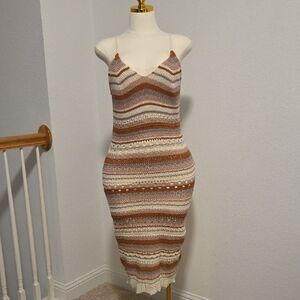 Striped Knit Midi Dress - Cream and Brown
